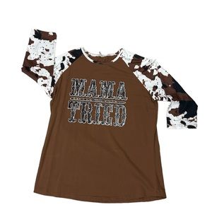 🐮Mama Tried Shirt, Cow Print Raglan, Ladies Western Tee, Country Song Shirt 🐮